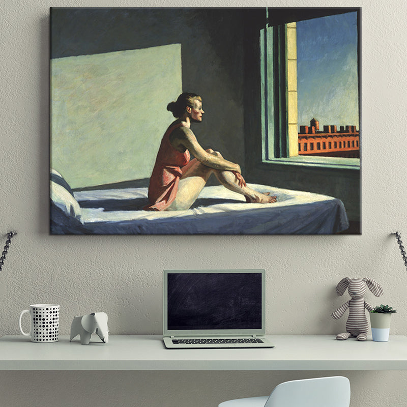 Red Edward Hopper Painting Woman on Bed Looking Out to Window Modern Textured Wall Art Clearhalo 'Art Gallery' 'Canvas Art' 'Contemporary Art Gallery' 'Modern' Arts' 1598720