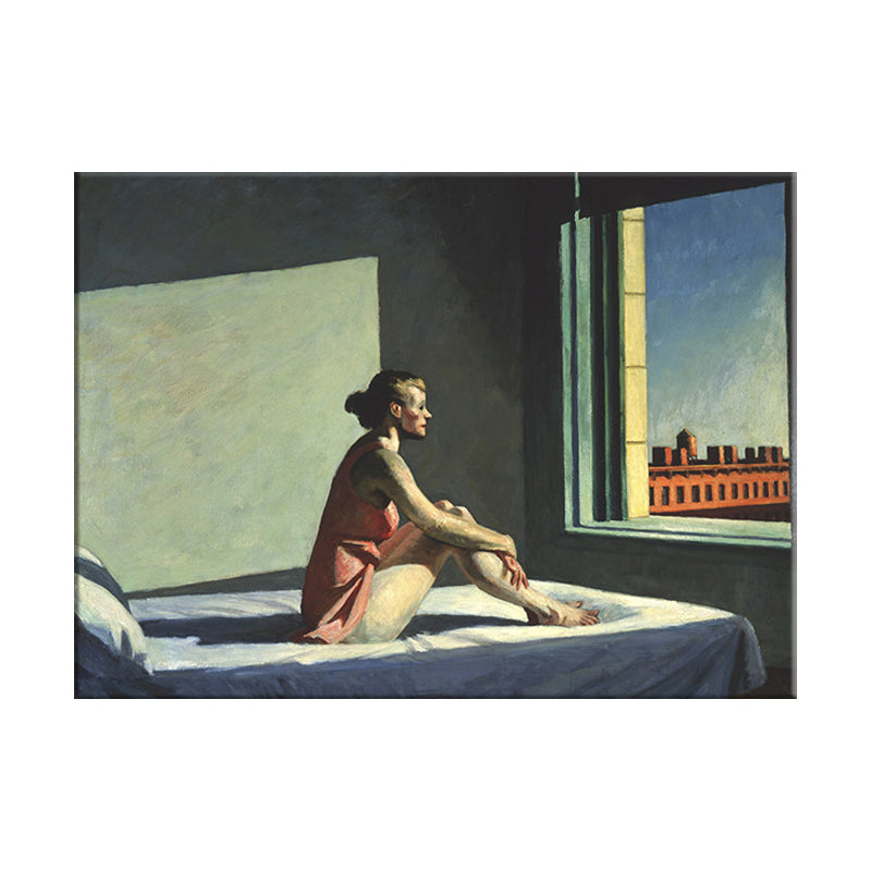 Red Edward Hopper Painting Woman on Bed Looking Out to Window Modern Textured Wall Art Clearhalo 'Art Gallery' 'Canvas Art' 'Contemporary Art Gallery' 'Modern' Arts' 1598722
