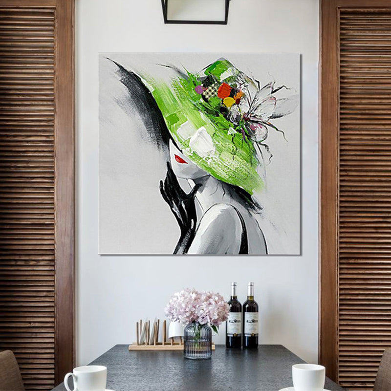 Elegant Lady with Hat Canvas Wall Art for Girls Bedroom, Green and Grey, Textured Clearhalo 'Art Gallery' 'Canvas Art' 'Contemporary Art Gallery' 'Modern' Arts' 1598788