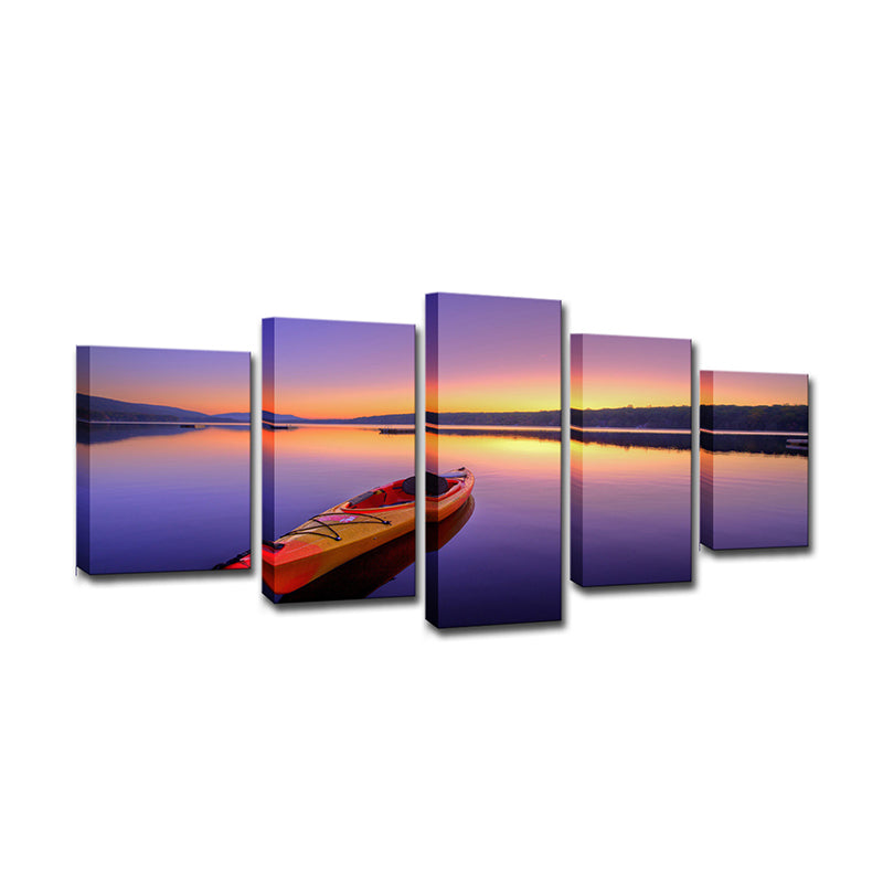 Canvas Multi-Piece Art Print Contemporary Boat on Lake at Dusk Scenery Wall Decor in Purple Clearhalo 'Art Gallery' 'Canvas Art' 'Contemporary Art Gallery' 'Modern' Arts' 1600329
