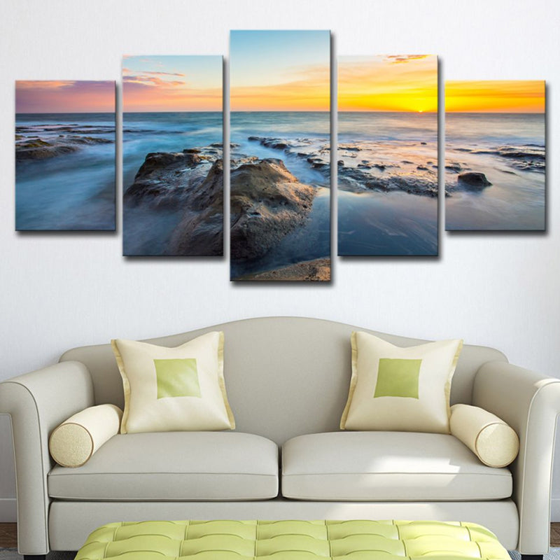 Tropical Sundown Seascape Canvas Print Yellow Multi-Piece Wall Art for Room Clearhalo 'Art Gallery' 'Canvas Art' 'Coastal Art Gallery' 'Nautical' Arts' 1614341
