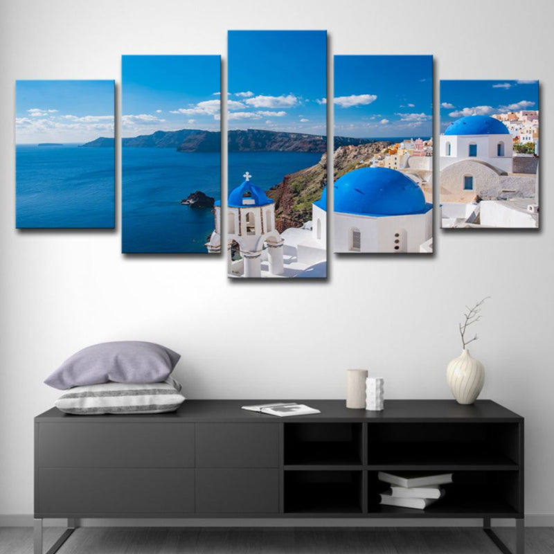 Photo Print Greek Santorini Canvas Wall Art for Living Room. Blue and White, Multi-Piece Clearhalo 'Arts' 'Canvas Art' 1615255