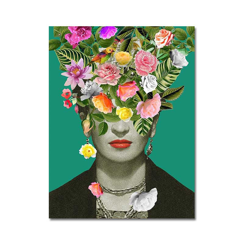 Green Bohemian Style Canvas Woman with Flower Wreath Wall Art for Living Room Clearhalo 'Arts' 'Canvas Art' 1615607