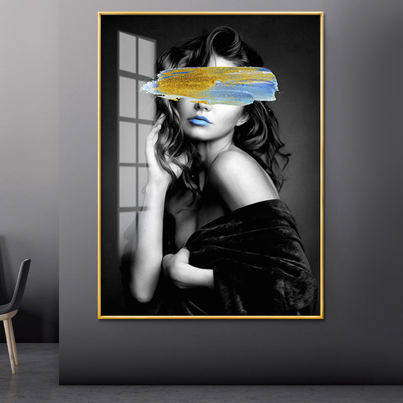 Glam Girl Print Wall Art Canvas Textured Dark Color Wall Decor for Living Room Blue Clearhalo 'Arts' 'Canvas Art' 1616804