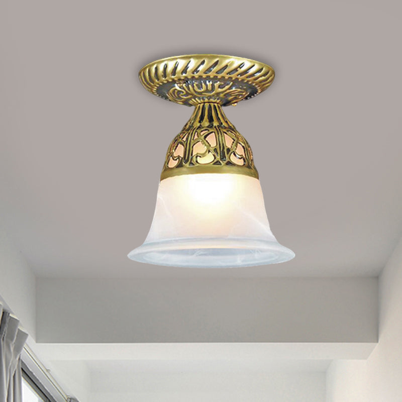 Bell Shape Hallway Flush Mount Lamp Farmhouse Frosted Glass 1-Head Brass Ceiling Light Fixture Clearhalo 'Ceiling Lights' 'Close To Ceiling Lights' 'Close to ceiling' 'Flush mount' Lighting' 1616936