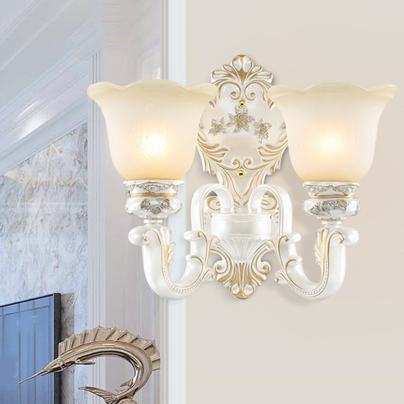 Cream Glass White Wall Light Floral 1/2-Head Cottage Wall Sconce Lighting with Swooping Arm 2.0 White Clearhalo 'Wall Lamps & Sconces' 'Wall Lights' Lighting' 1616955