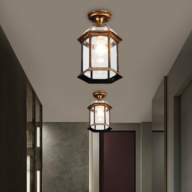 Clear Glass Black/Brass Ceiling Flush Lantern Cage Single Bulb Traditional Semi Mount Lighting, 8"/9.5" Wide Clearhalo 'Ceiling Lights' 'Close To Ceiling Lights' 'Close to ceiling' 'Glass shade' 'Glass' 'Semi-flushmount' Lighting' 1617163