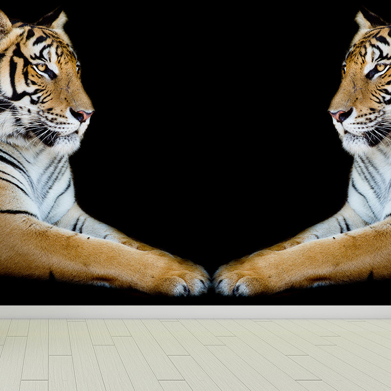 Contemporary Tiger Twins Wall Mural Black Decorative Wall Covering for Living Room Clearhalo 'Wall Decor' 'Wall Mural' 1617200