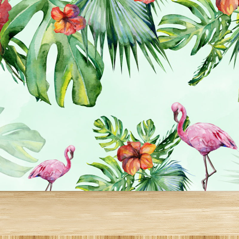 Green Flamingos and Flower Mural Wallpaper Moisture Resistant Wall Art for Dining Room Clearhalo 'Wall Decor' 'Wall Mural' 1617459