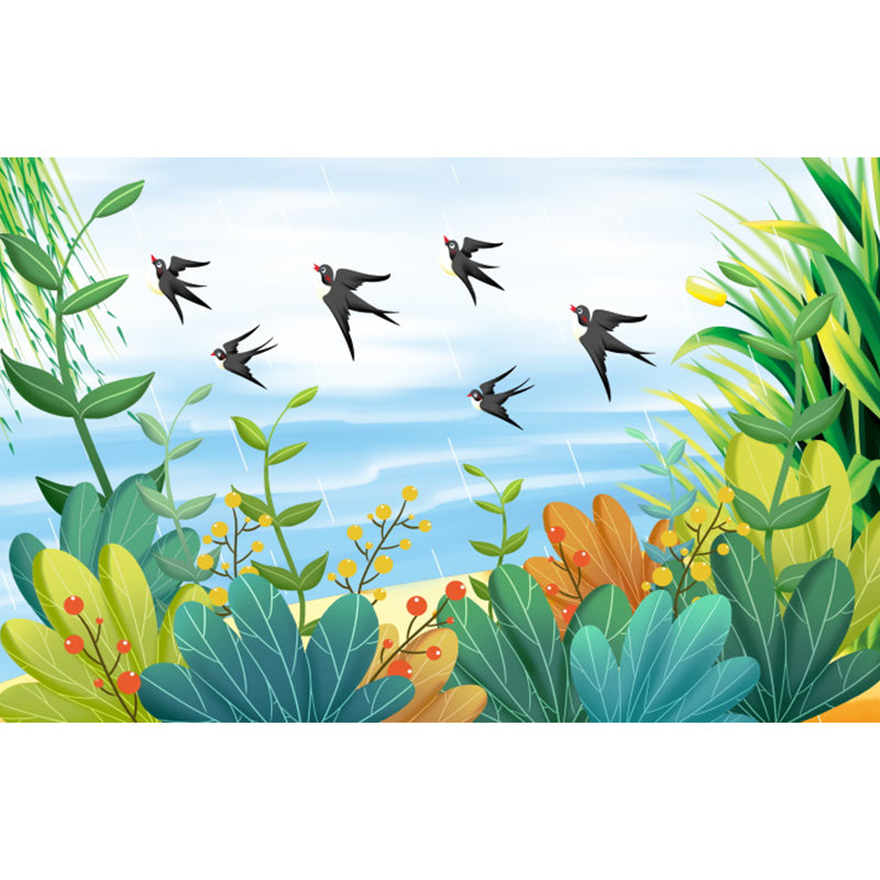 Romantic Birds and Botanical Mural Decal for Living Room, Turquoise, Personalize Clearhalo 'Wall Decor' 'Wall Mural' 1618624