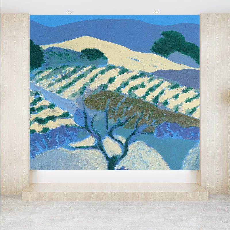 Contemporary Art Hills Landscape Wall Mural Blue Stain-Proof Wall Covering for Kitchen Clearhalo 'Wall Decor' 'Wall Mural' 1619178