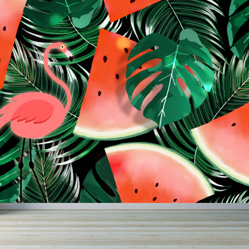 Red Flamingo and Leaves Mural Decal for Decoration Tropical Living Room Wall Art Clearhalo 'Wall Decor' 'Wall Mural' 1619313