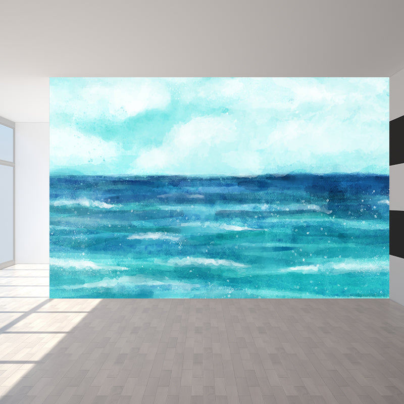 Watercolor Ocean Mural Decal Modern Non-Woven Textured Wall Decor in Light Color Lake Blue Clearhalo 'Wall Decor' 'Wall Mural' 1619426