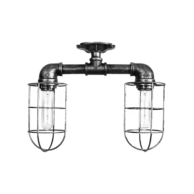 Water Pipe Hallway Ceiling Lighting with Wire Frame Industrial Iron 2 Lights Bronze/Aged Silver Semi Mount Lighting Clearhalo 'Ceiling Lights' 'Close To Ceiling Lights' 'Close to ceiling' 'Semi-flushmount' Lighting' 162022