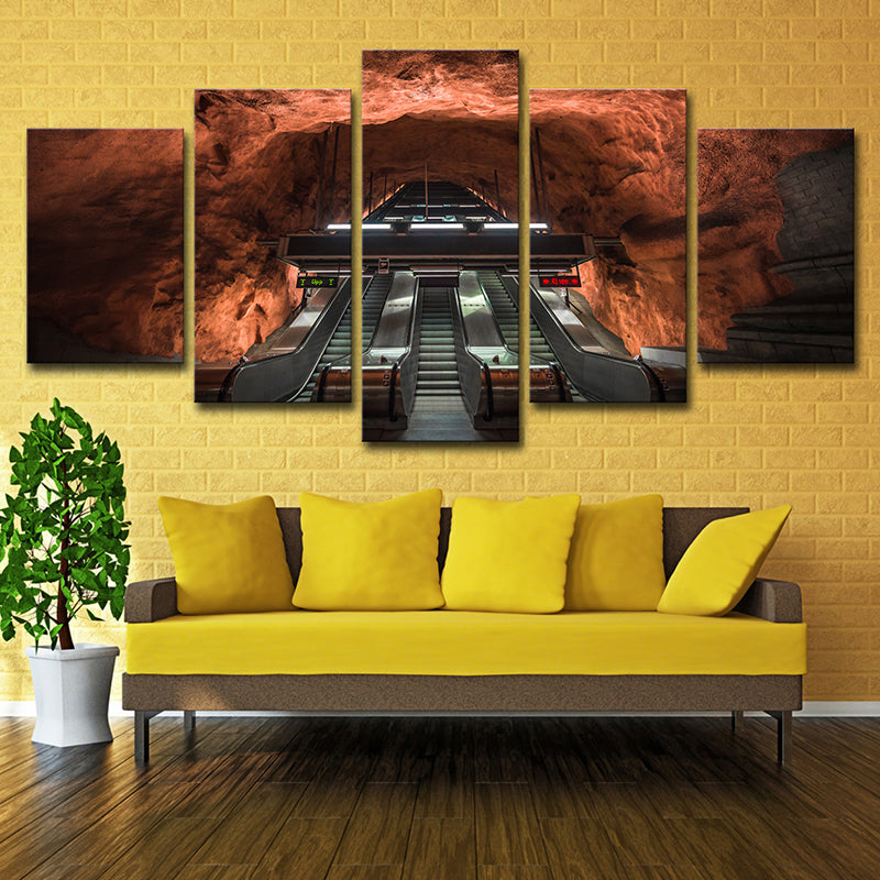 Escalator Cave Interior View Art Print Contemporary Multi-Piece Canvas in Brown for Home Clearhalo 'Art Gallery' 'Canvas Art' 'Contemporary Art Gallery' 'Modern' Arts' 1625327