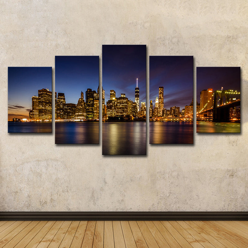 Brooklyn Bridge Wall Art Decor for Home Night Cityscape Canvas in Black, Multi-Piece Clearhalo 'Arts' 'Canvas Art' 1625662