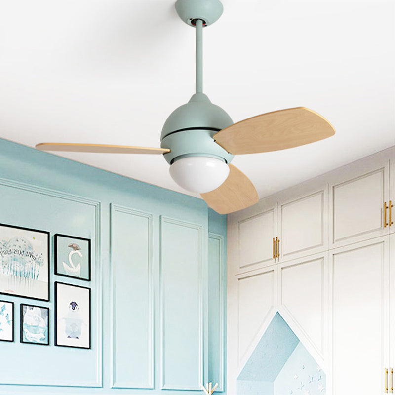 Modernist Bowl Metal Fan Light LED Semi-Flush Mount in Pink/Yellow/Green with 3 Wood Blades for Living Room, 34" Width Clearhalo 'Ceiling Fans with Lights' 'Ceiling Fans' 'Kids Ceiling Fans' 'Kids' Lighting' 1626705