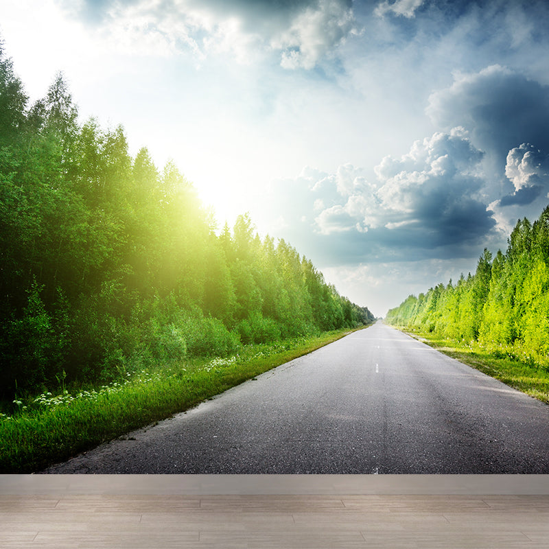 Road and Botanical Wall Mural Modern Decorative Living Room Wall Covering, Personalise Green Clearhalo 'Wall Decor' 'Wall Mural' 1626993