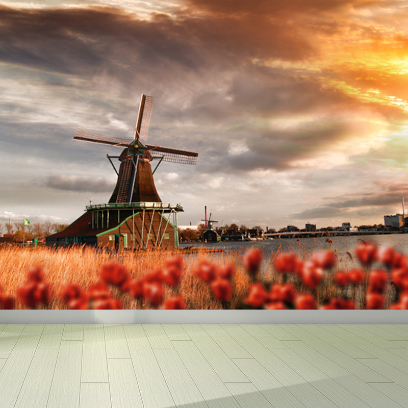 Romantic Windmill View Mural Decal for Living Room, Soft Color, Custom Size Available Brown Clearhalo 'Wall Decor' 'Wall Mural' 1627413