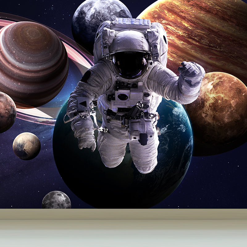 Blue Fictional Wall Mural Huge Astronaut and Earth Wall Covering for Living Room Blue Design 3 Clearhalo 'Wall Decor' 'Wall Mural' 1627548