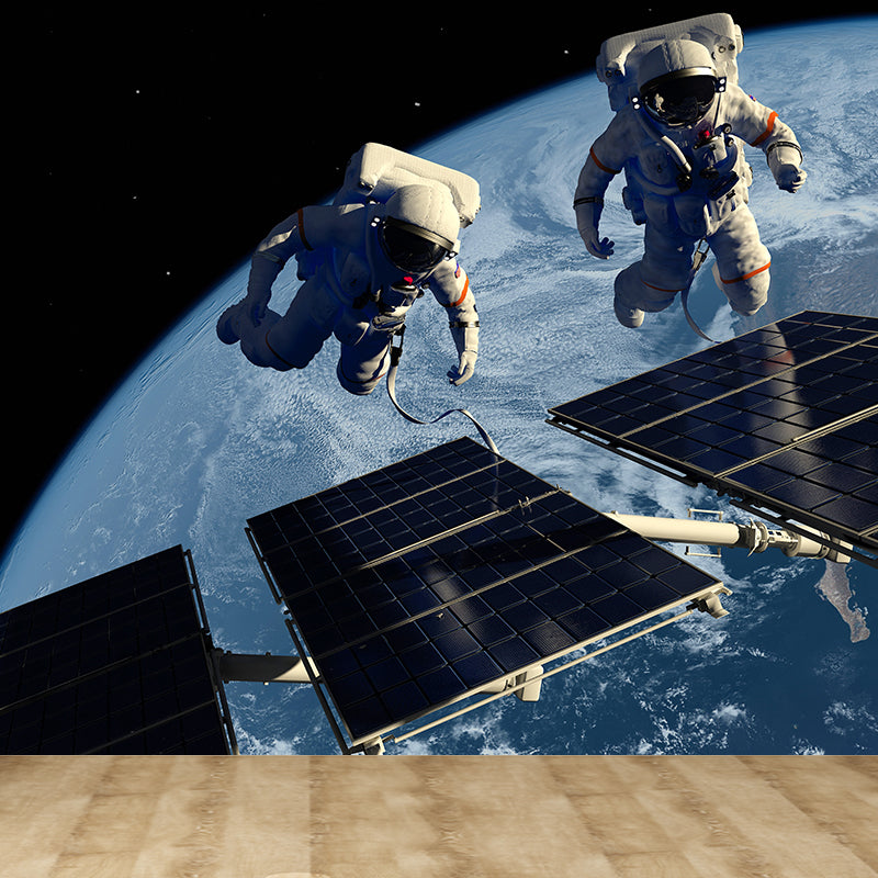 Stain-Proof Astronaut and Earth Mural Fictional Non-Woven Wall Art, Made to Measure Blue Design 2 Clearhalo 'Wall Decor' 'Wall Mural' 1627843