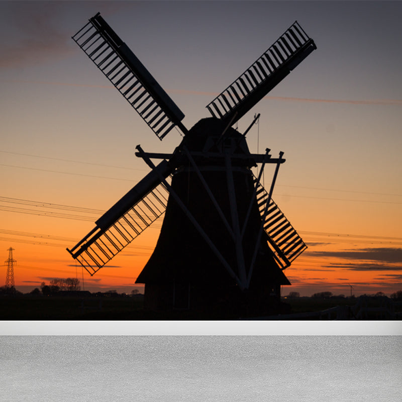 Huge Windmill and Sky Mural for Bedroom Nature Scene Wall Art in Pastel Color, Stain Resistant Orange Clearhalo 'Wall Decor' 'Wall Mural' 1627928