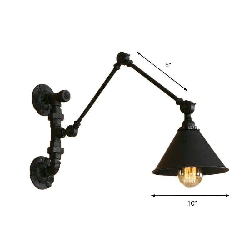 Swing Arm Bedroom Wall Sconce Industrial Metal 1 Light Black Wall Mount Light with Cone Shade, 7"/8.5" Wide Clearhalo 'Art deco wall lights' 'Cast Iron' 'Glass' 'Industrial wall lights' 'Industrial' 'Middle century wall lights' 'Modern' 'Rustic wall lights' 'Tiffany' 'Traditional wall lights' 'Wall Lamps & Sconces' 'Wall Lights' Lighting' 163141