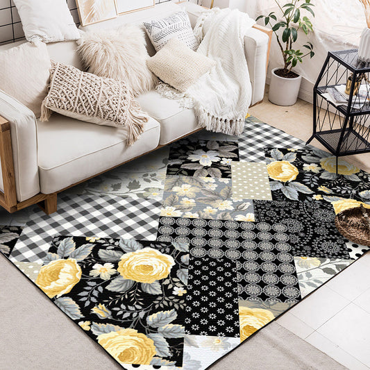 French Country Checked Pattern Rug with Floral Grey and Black Polyester Rug Machine Washable Non-Slip Area Rug for Bedroom Black Clearhalo 'Area Rug' 'French Country' 'Rugs' Rug' 1635596