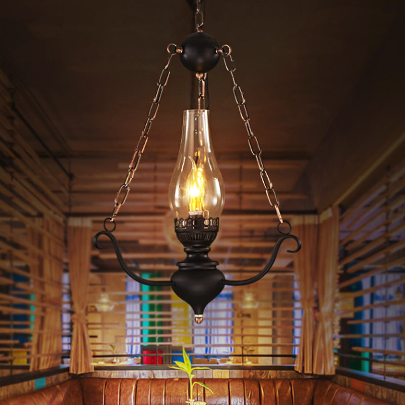 1-Head Ceiling Light Farmhouse Elongated Clear Glass Pendant Lamp Kit with Chain Decor in Black Clearhalo 'Art Deco Pendants' 'Black' 'Cast Iron' 'Ceiling Lights' 'Ceramic' 'Crystal' 'Industrial Pendants' 'Industrial' 'Metal' 'Middle Century Pendants' 'Pendant Lights' 'Pendants' 'Rustic Pendants' 'Tiffany' Lighting' 1637278