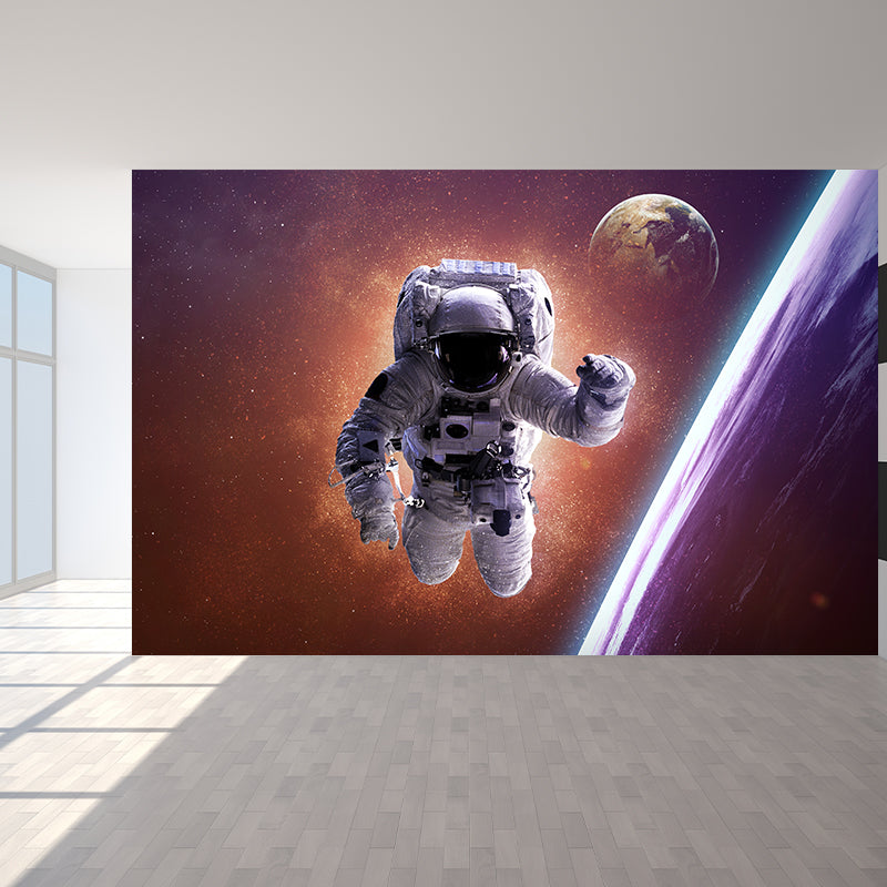 Non-Woven Decorative Wall Mural Sci-Fi Astronaut and Milky Way View Wall Covering Orange Clearhalo 'Wall Decor' 'Wall Mural' 1637493