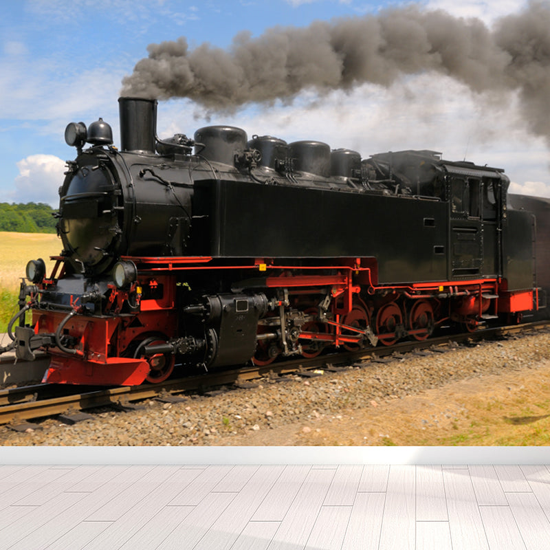 Light Color Train Mural Wallpaper Vehicle Industrial Stain Resistant Wall Covering Black Clearhalo 'Wall Decor' 'Wall Mural' 1637648
