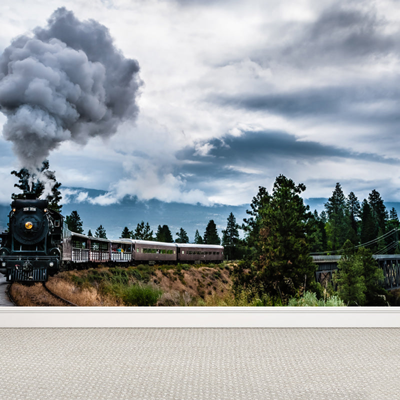 Non-Woven Texture Decorative Mural Decal Steampunk Onrushing Train Wall Covering White Clearhalo 'Wall Decor' 'Wall Mural' 1637653