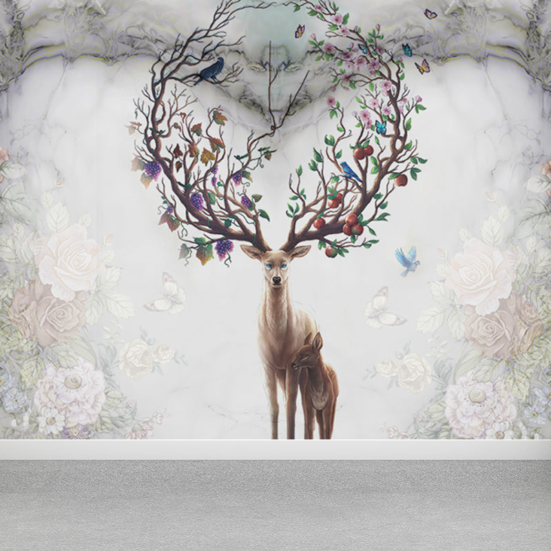 Forest Leisure Reindeer Mural Wallpaper Contemporary Non-Woven Material Wall Decor Brown Clearhalo 'Wall Decor' 'Wall Mural' 1638193