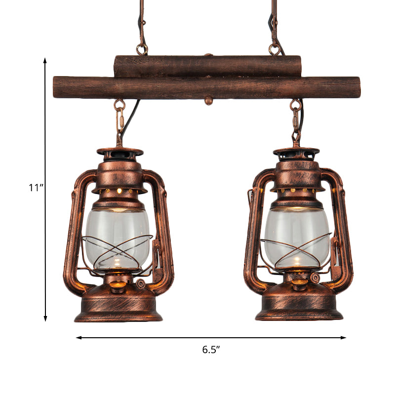 Bronze/Copper Lantern Island Light Fixture Coastal Clear Glass 2-Bulb Kitchen Hanging Lamp Clearhalo 'Ceiling Lights' 'Glass shade' 'Glass' 'Island Lights' 'Pendant Lights' Lighting' 163860