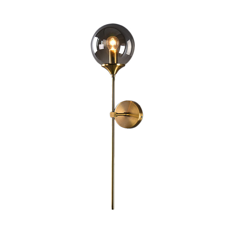 Modern Globe Shade Wall Lighting Single Bulb Clear/Grey/Amber Glass Sconce Light in Brass for Bedroom Clearhalo 'Art deco wall lights' 'Cast Iron' 'Glass' 'Industrial wall lights' 'Industrial' 'Middle century wall lights' 'Modern' 'Rustic wall lights' 'Tiffany' 'Traditional wall lights' 'Wall Lamps & Sconces' 'Wall Lights' Lighting' 163881