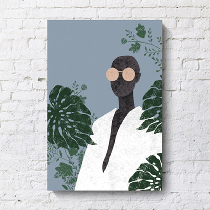 Model and Leaf Wall Art Nordic Textured Canvas Print in Pastel Color for Living Room White Clearhalo 'Arts' 'Canvas Art' 1638850