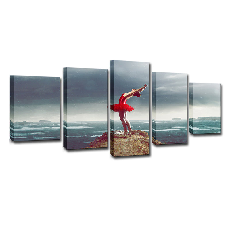 Glam Ballerina Wall Art Blue and Red Ocean Island Scenery Canvas for Living Room Clearhalo 'Arts' 'Canvas Art' 1639130