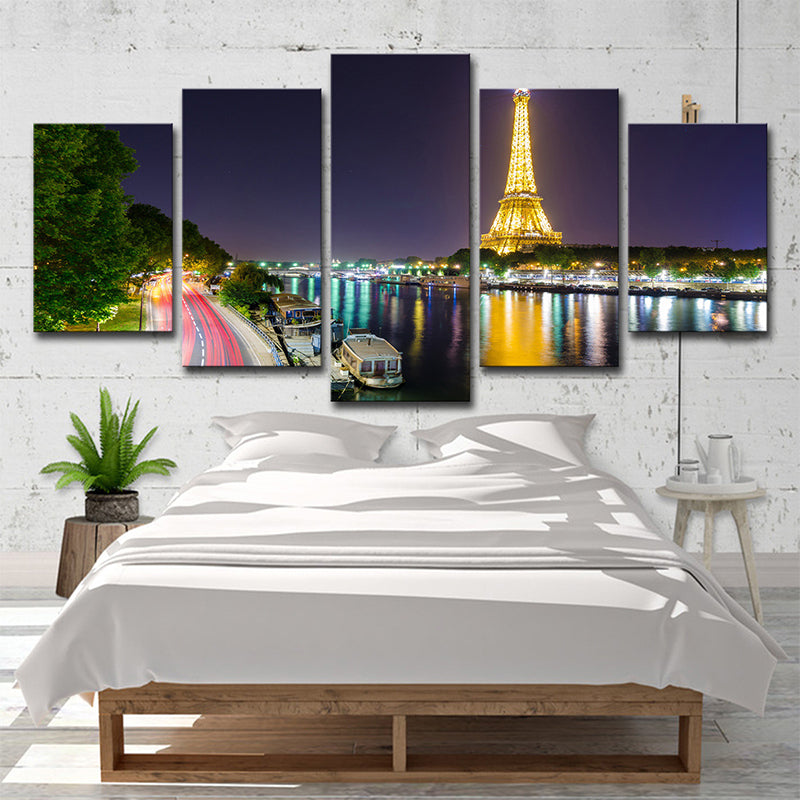 Canvas Green Wall Decor Global Inspired Riverside Eiffel Tower Night Scene Art Print Clearhalo 'Arts' 'Canvas Art' 1640278