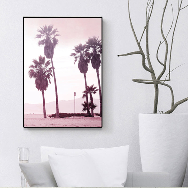 Pink Tropix Canvas Wall Art Areca Nut Palm on Beach Scenery Wall Decor for Living Room Clearhalo 'Art Gallery' 'Canvas Art' 'Coastal Art Gallery' 'Tropical' Arts' 1641441
