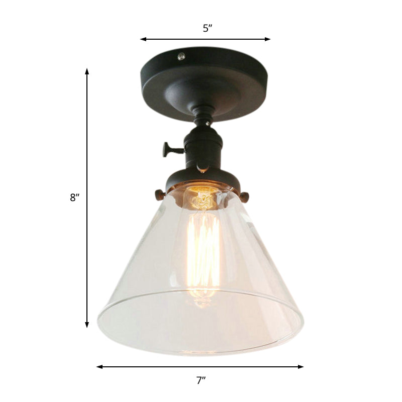 Black 1-Bulb Ceiling Lighting Industrial Clear Glass Cone Shade Semi Flush Light for Living Room Clearhalo 'Ceiling Lights' 'Close To Ceiling Lights' 'Close to ceiling' 'Glass shade' 'Glass' 'Semi-flushmount' Lighting' 164336
