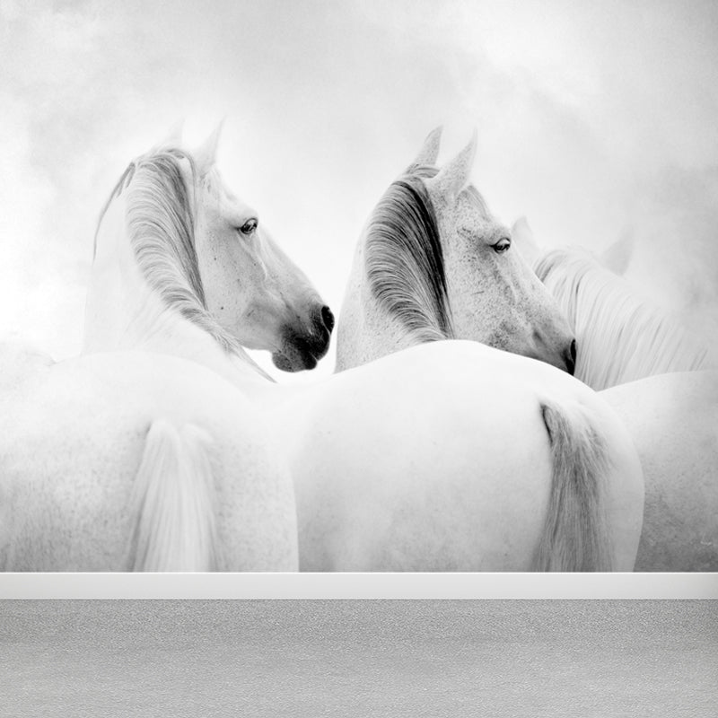 Big White Horse Print Mural Wallpaper Decorative Contemporary Living Room Wall Art Grey Design 1 Clearhalo 'Wall Decor' 'Wall Mural' 1646630