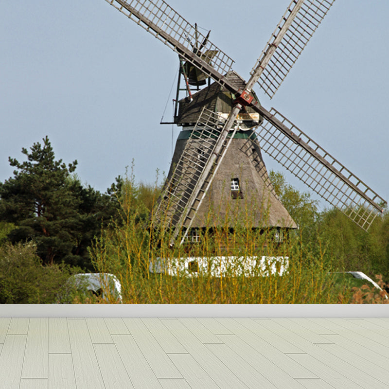 Huge Autumn Windmill Mural for Bedroom Landscape Wall Art in Soft Color, Stain Resistant Dark Yellow Clearhalo 'Wall Decor' 'Wall Mural' 1647309