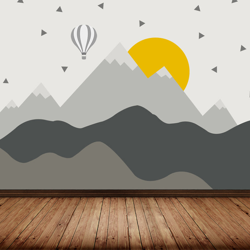 Gray Sun and Hills Mural Wallpaper for Decoration Children's Art Kids Room Wall Covering Grey Design 2 Clearhalo 'Wall Decor' 'Wall Mural' 1647319