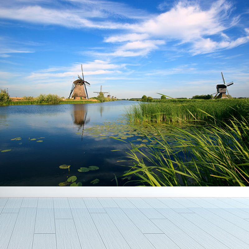 Whole Riverside Windmill Mural Decal for Wall Decor Contemporary Guest Room Wall Art Blue Design 4 Clearhalo 'Wall Decor' 'Wall Mural' 1647750