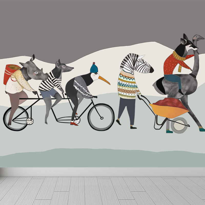 Interesting Cartoon Animals Mural Decal for Kids Bedroom, Soft Color, Custom Size Available Dark Gray Clearhalo 'Wall Decor' 'Wall Mural' 1648043