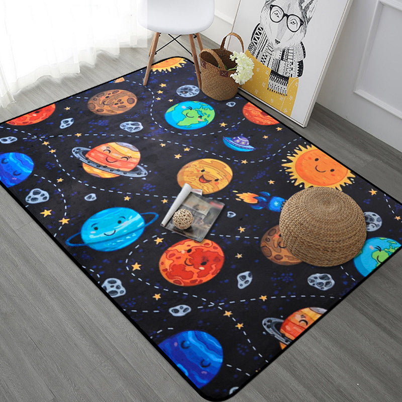 Kids Child's Room Rug in Blue and Black Outer Space Spaceship Planet Print Rug Polyester Machine Washable Area Rug Black Design 2 Clearhalo 'Area Rug' 'Rug' 1648573
