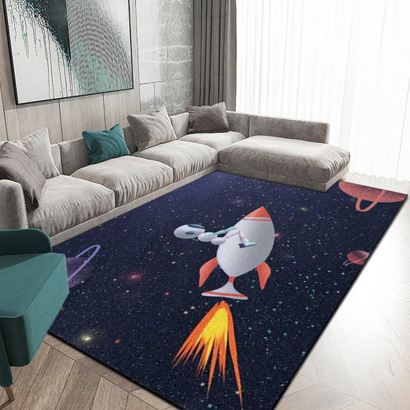 Kids Bedroom Rug in Blue Outer Space Galaxy Rocket Astronaut Print Rug Polyester Non-Slip Backing Area Rug Clearhalo 'Area Rug' 'Rug' 1649161