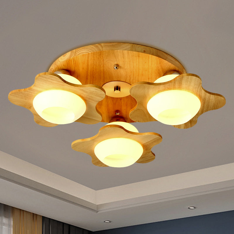 Wood Floral Semi Mount Modern 3/5 Lights Beige Flushmount Lighting with Sphere Milk Glass Shade Clearhalo 'Ceiling Lights' 'Close To Ceiling Lights' 'Close to ceiling' 'Semi-flushmount' Lighting' 1649604