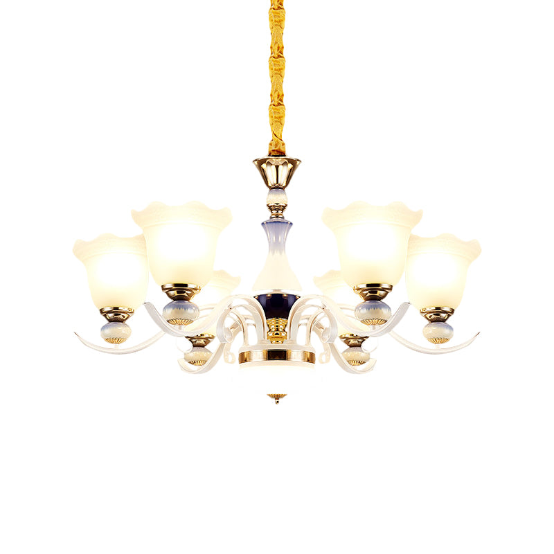 Bloom Dining Room Pendant Chandelier Antiqued Frosted Glass 3/6 Lights White Curvy Arm Suspension Lamp Clearhalo 'Ceiling Lights' 'Chandeliers' 'Glass shade' 'Glass' Lighting' 1649717