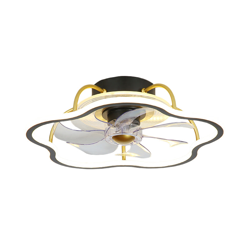 7-Blade Black/Gold Flower Shape Semi Flush Chandelier Lighting Simple Metal LED Pendant Fan Fixture, 18.5 Inch Wide Clearhalo 'Ceiling Fans with Lights' 'Ceiling Fans' 'Kids Ceiling Fans' 'Kids' Lighting' 1650249